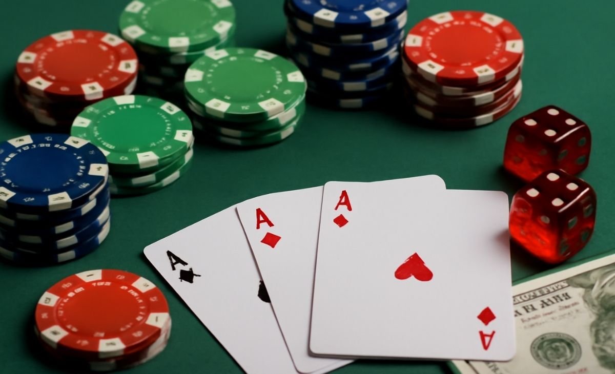 Close-up of poker chips, cards, dice, and a $100 bill on a casino table.