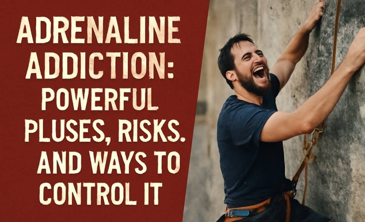 Rock climber smiling while climbing a rugged cliff, with bold text 'Adrenaline Addiction: Powerful Pluses, Risks, and Ways to Control It' on a deep red background.