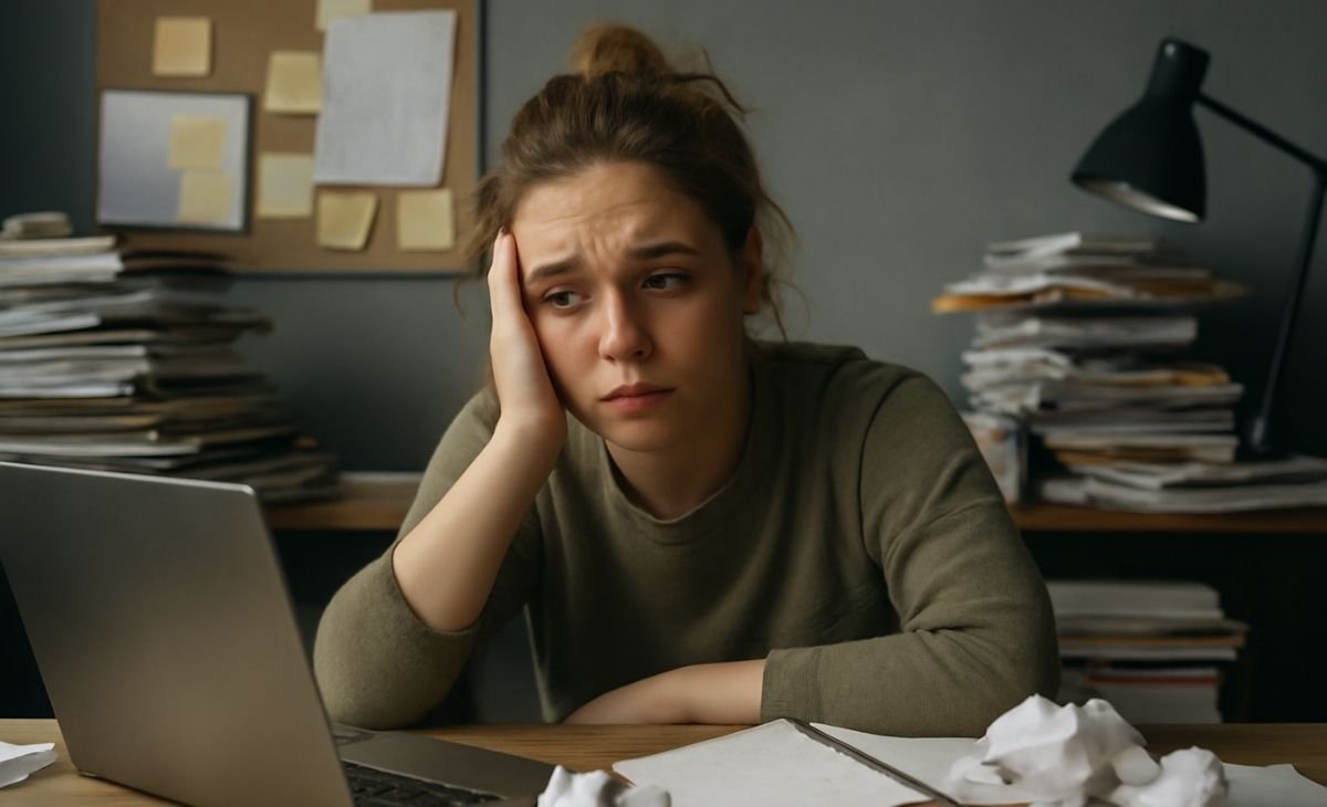 Young woman looking stressed at a cluttered desk in a home office.