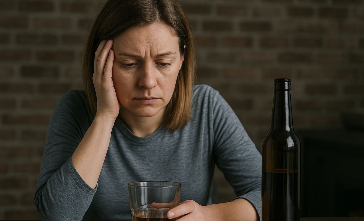 Worried woman holding a glass of alcohol at a table.