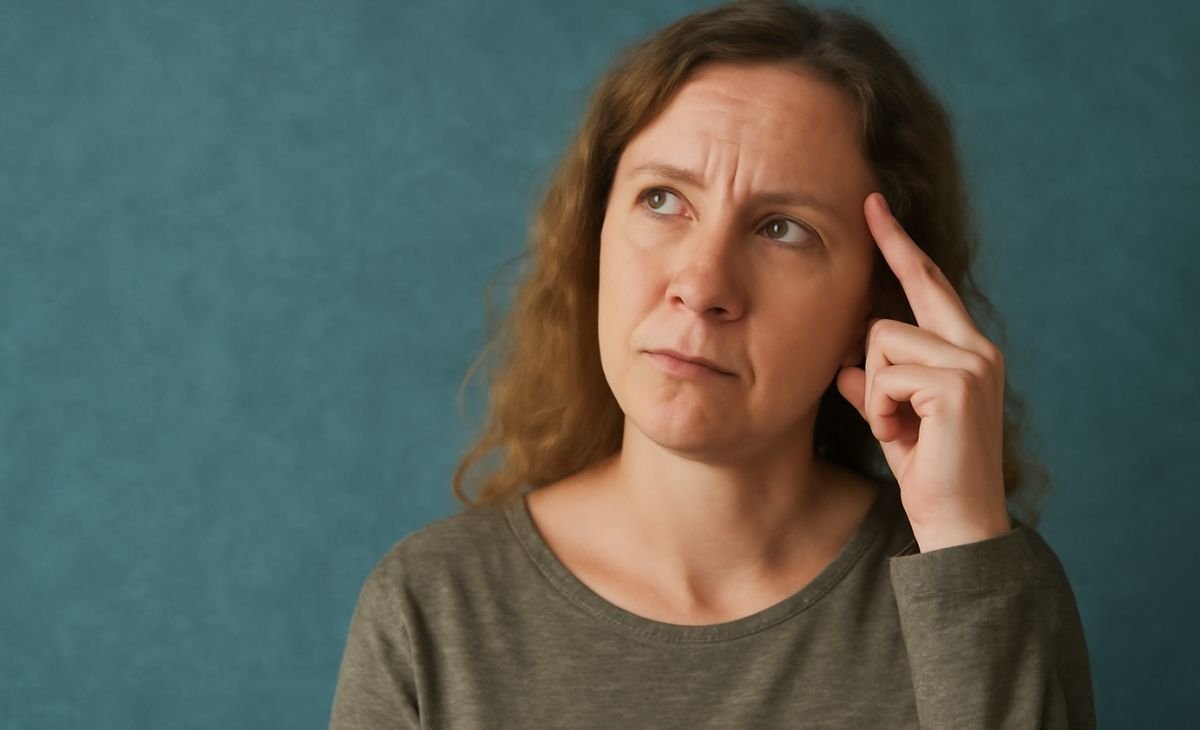 Middle-aged woman with wavy brown hair, dressed in a gray shirt, looking pensive while gently touching her forehead, with a soft blue-gray background.