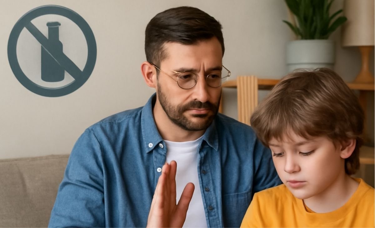 Man and child sitting in a living room with a ‘No Alcohol’ symbol on the wall, the man signaling refusal.