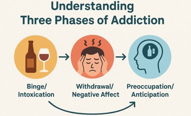 Diagram showing the three phases of addiction: binge, withdrawal, and preoccupation.