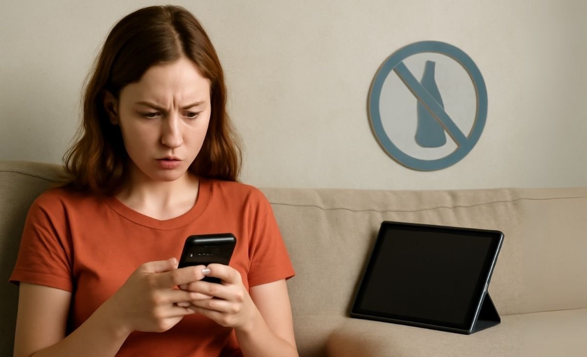 Young woman focused on her smartphone with a tablet and no alcohol sign in the background.