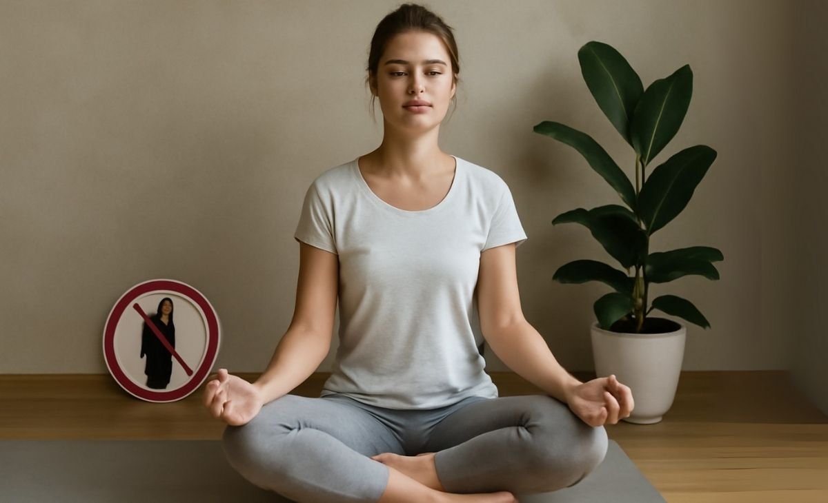 Woman practicing yoga with a 'no alcohol' sign and rubber plant in a calm indoor setting.