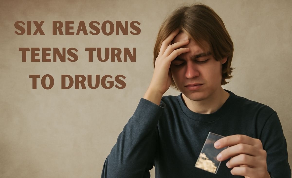 Distressed teenage boy holding a plastic bag of pills, pressing his forehead with his other hand, set against a muted beige background.