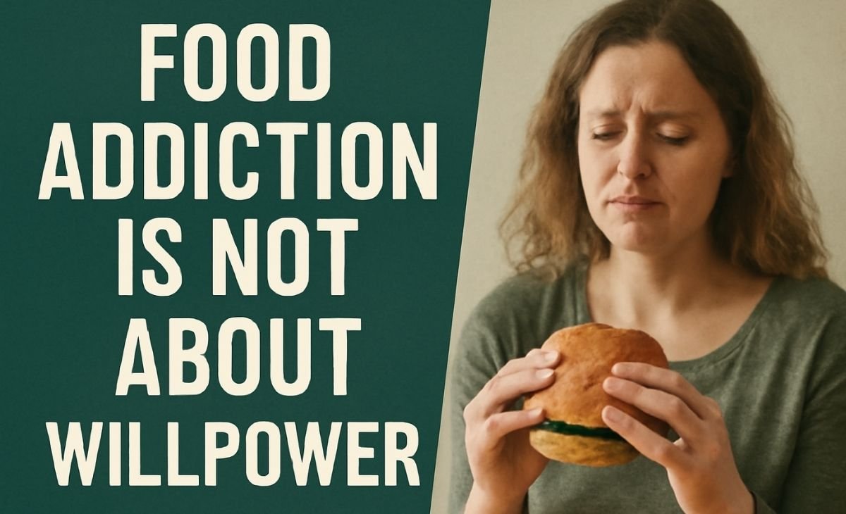 Distressed woman holding a hamburger with a sad expression, with bold text 'Food Addiction is Not About Willpower' on a dark green background.