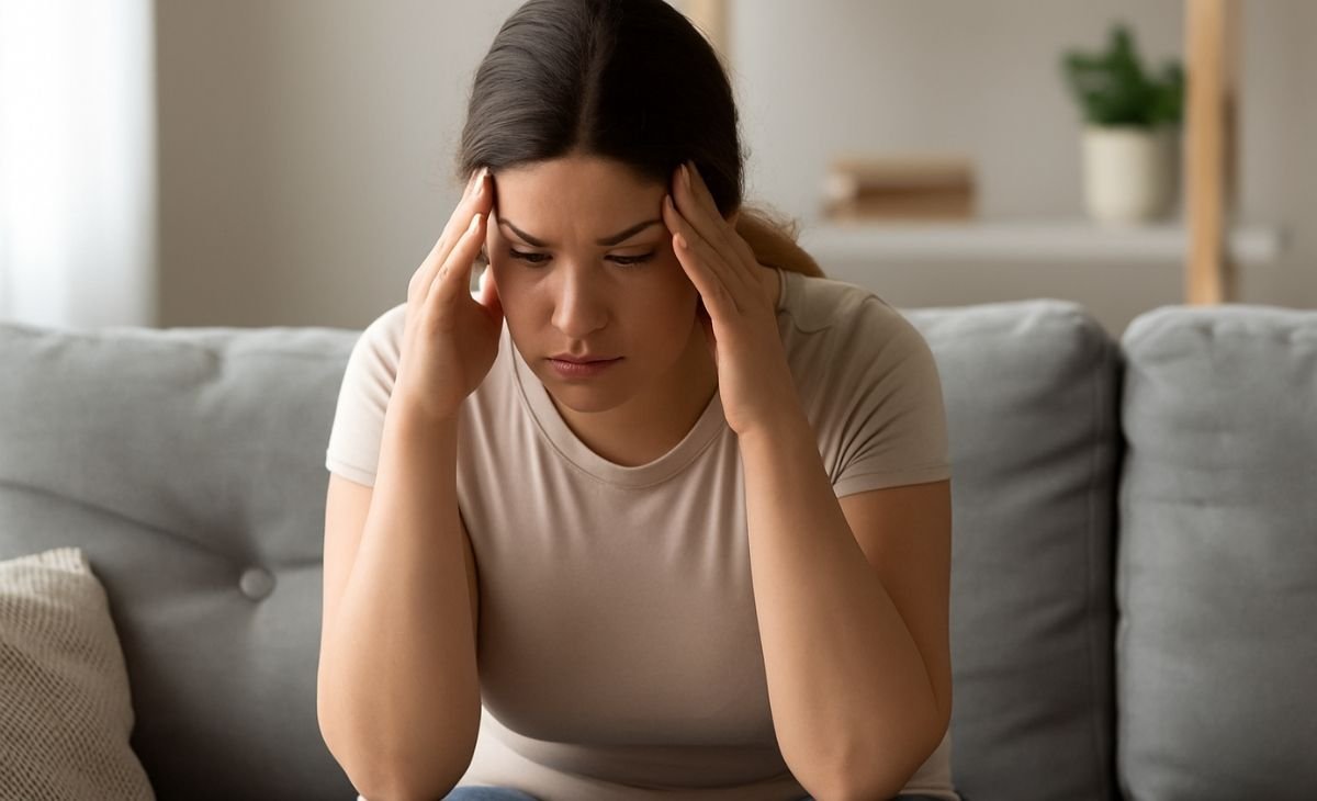 Upset woman sitting on couch with hands on temples