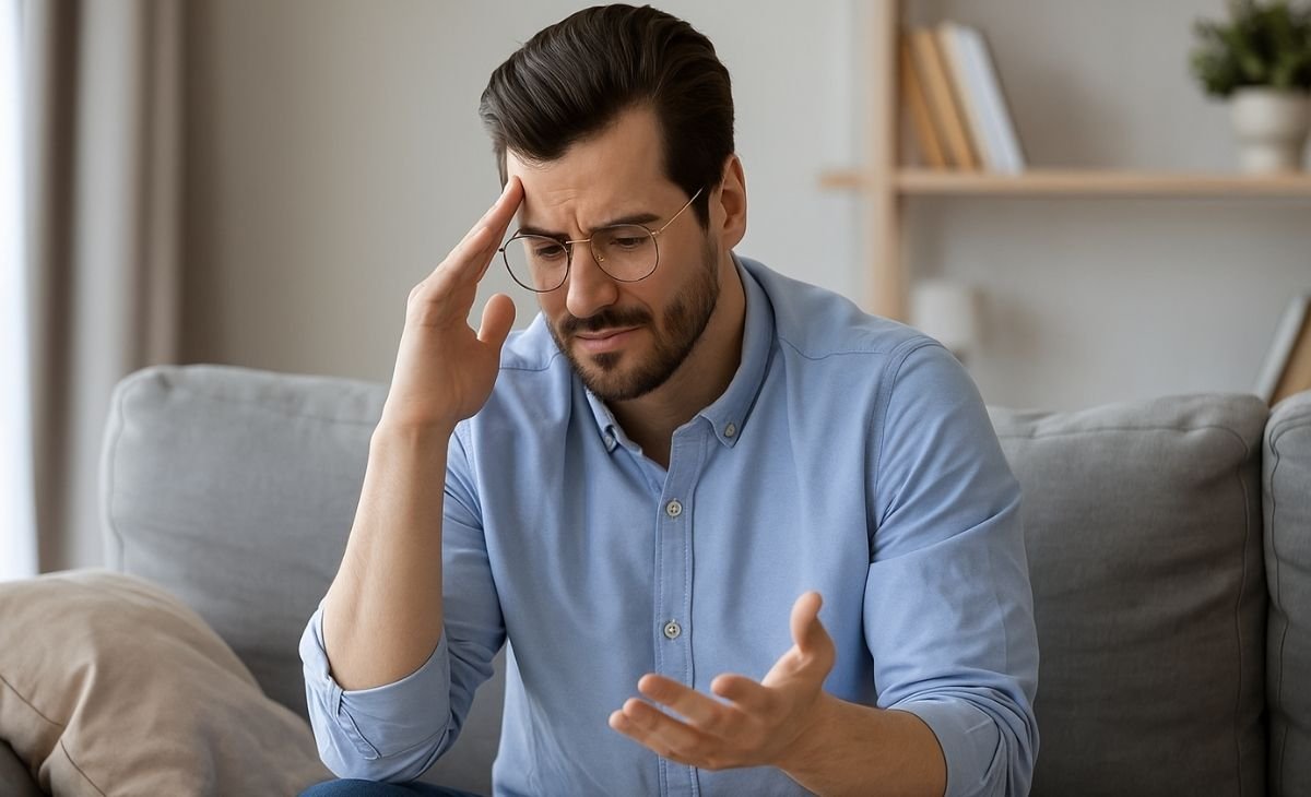 Frustrated man sitting on a couch with hand on forehead, appearing stressed