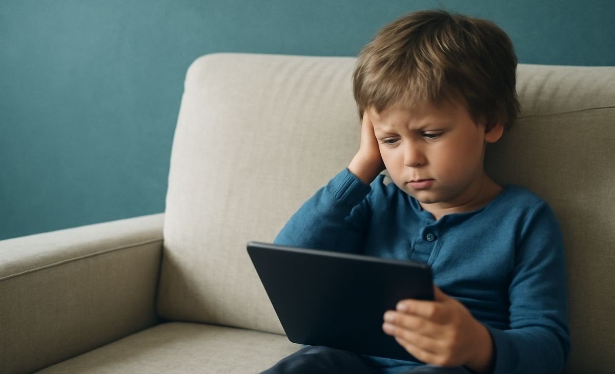 Young boy focused on tablet, showing signs of distress, with soft lighting and muted background.