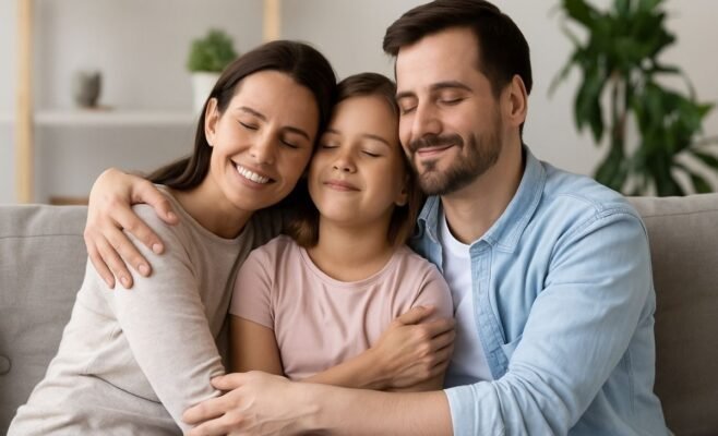 Happy family of three hugging and smiling on a couch