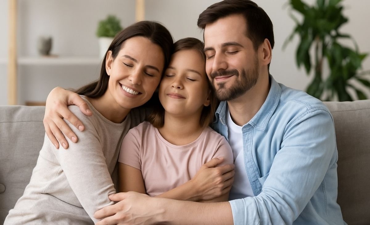 Happy family of three hugging and smiling on a couch