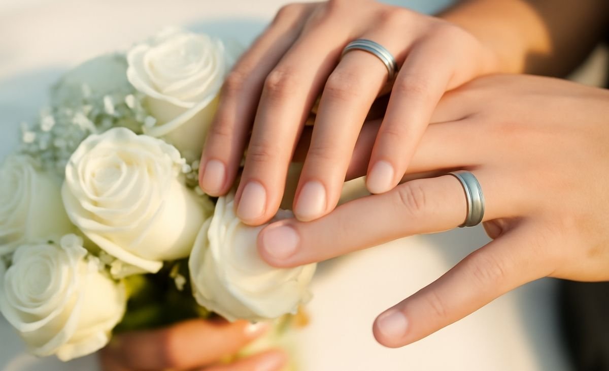 Newlywed hands with wedding rings and white roses bouquet.