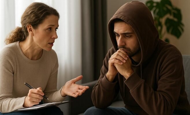 Woman calmly talking to a distressed young man in a hoodie