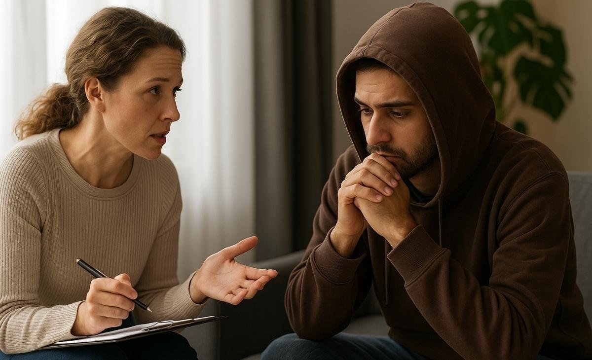 Woman calmly talking to a distressed young man in a hoodie