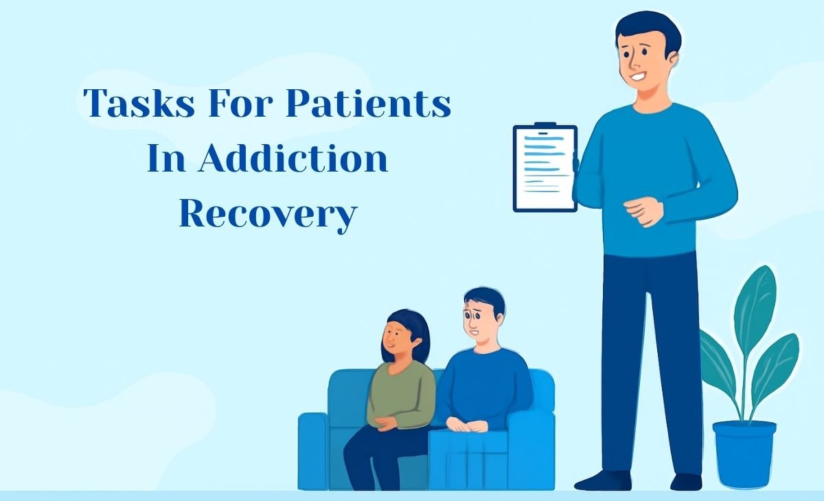 Therapist leading an addiction recovery session with two patients in a cozy, modern setting.